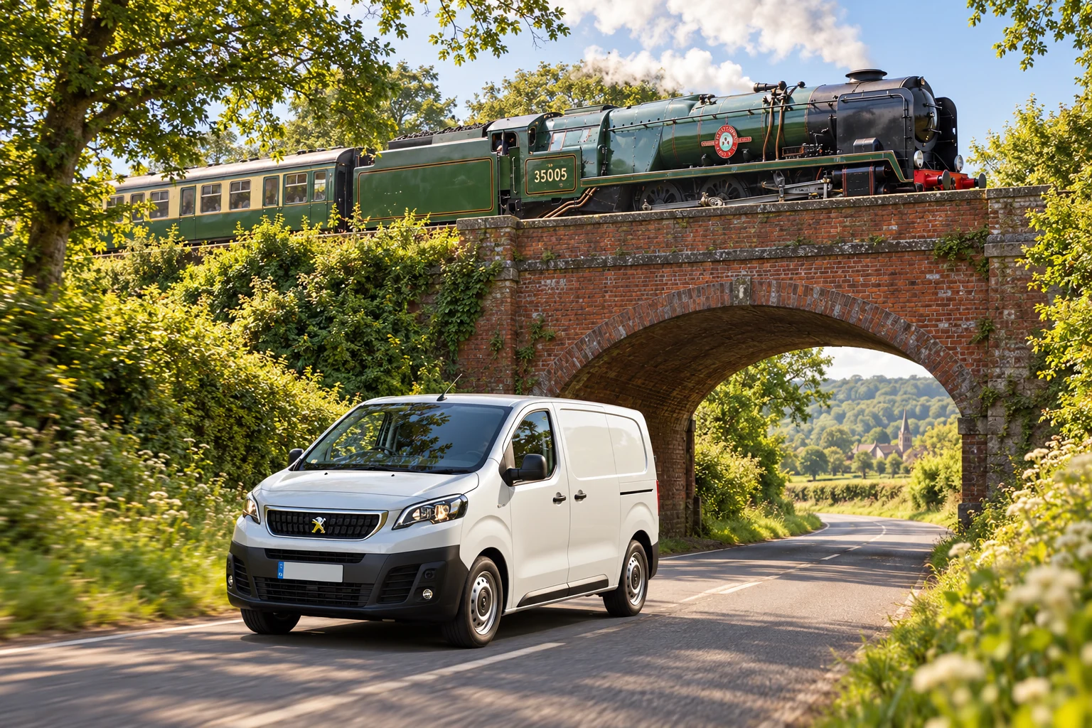 Bentley Environmental’s white van beneath a brick bridge carrying a Watercress Line steam train in Alresford, Hampshire