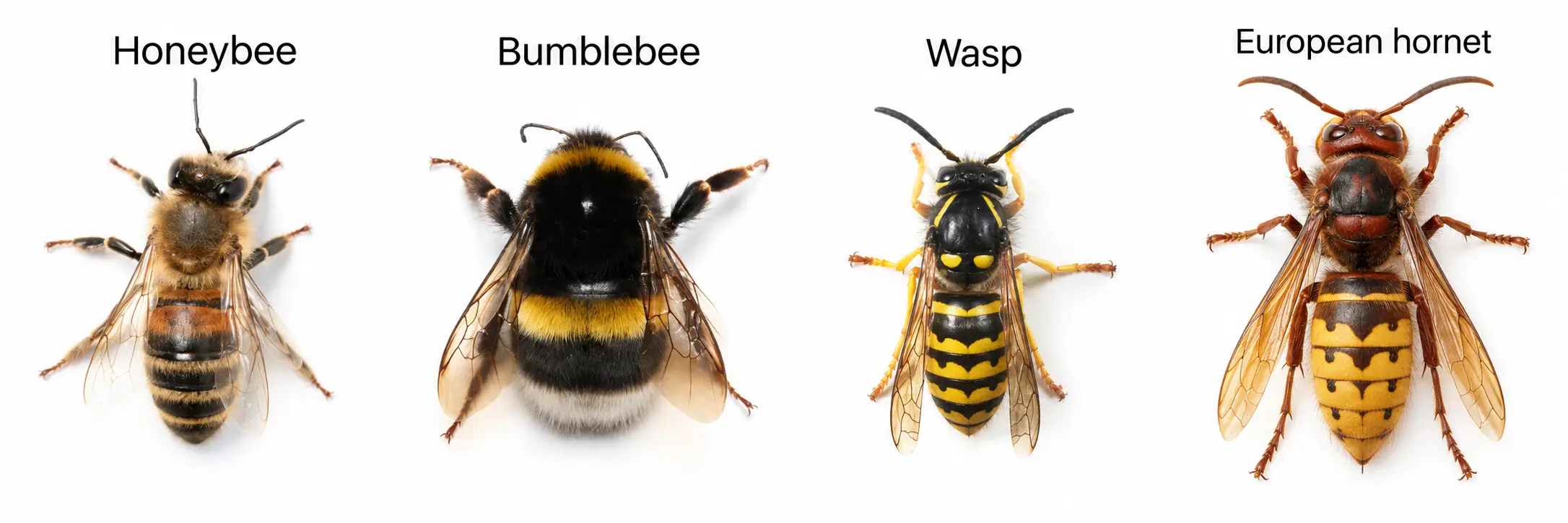 Comparison of a honeybee, bumblebee, wasp and European hornet to help identify insects