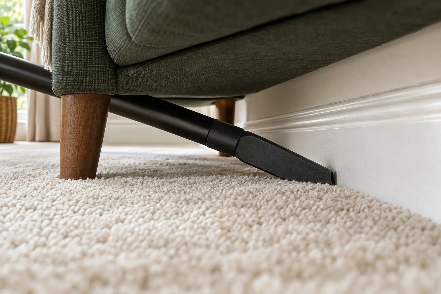 Illustration of vacuuming a wool carpet edge beneath furniture