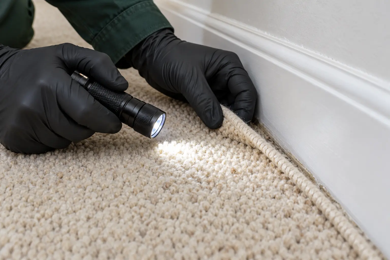 Illustration of a gloved technician inspecting a wool carpet edge with a torch