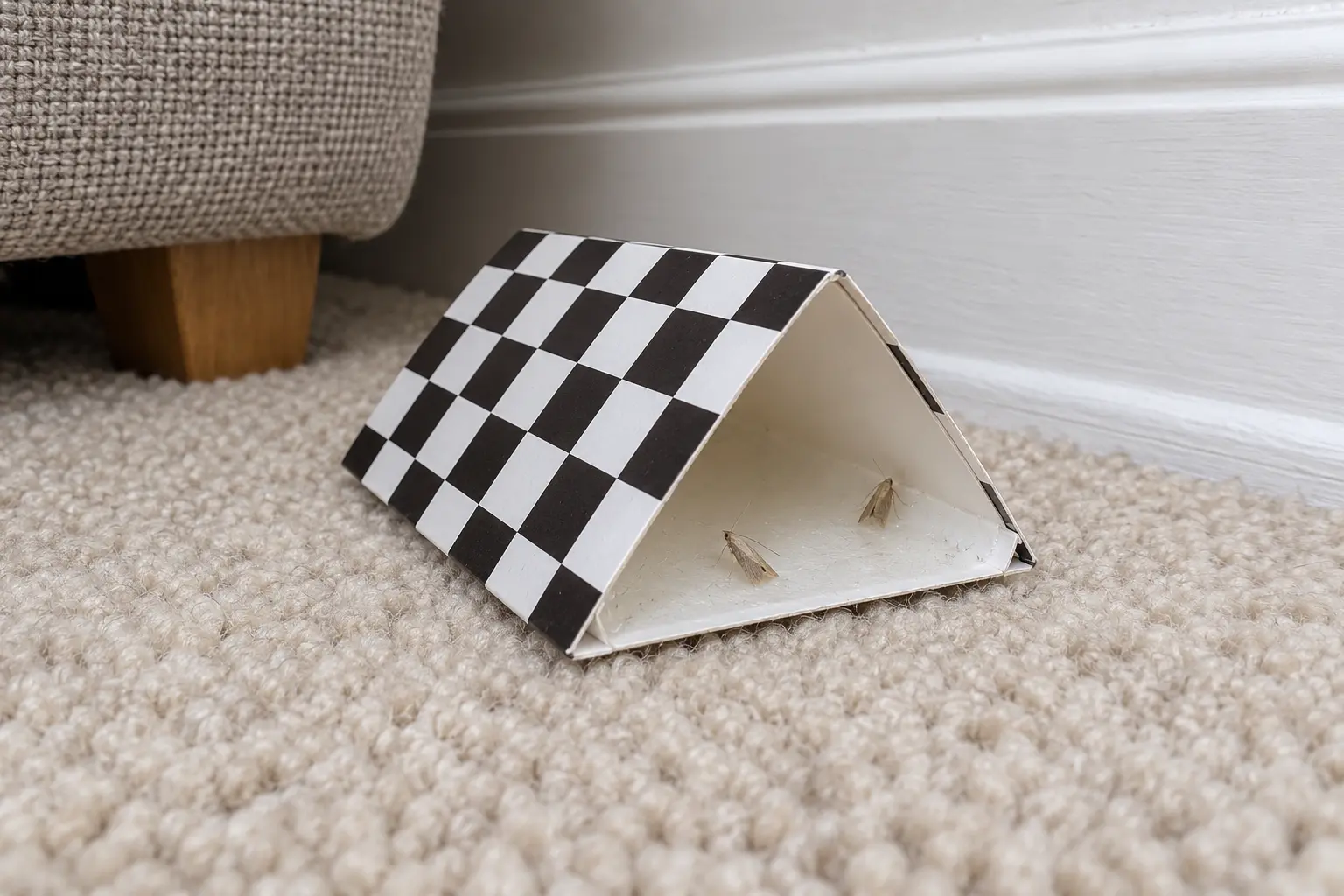 Illustration of a small pheromone moth monitoring trap beside furniture