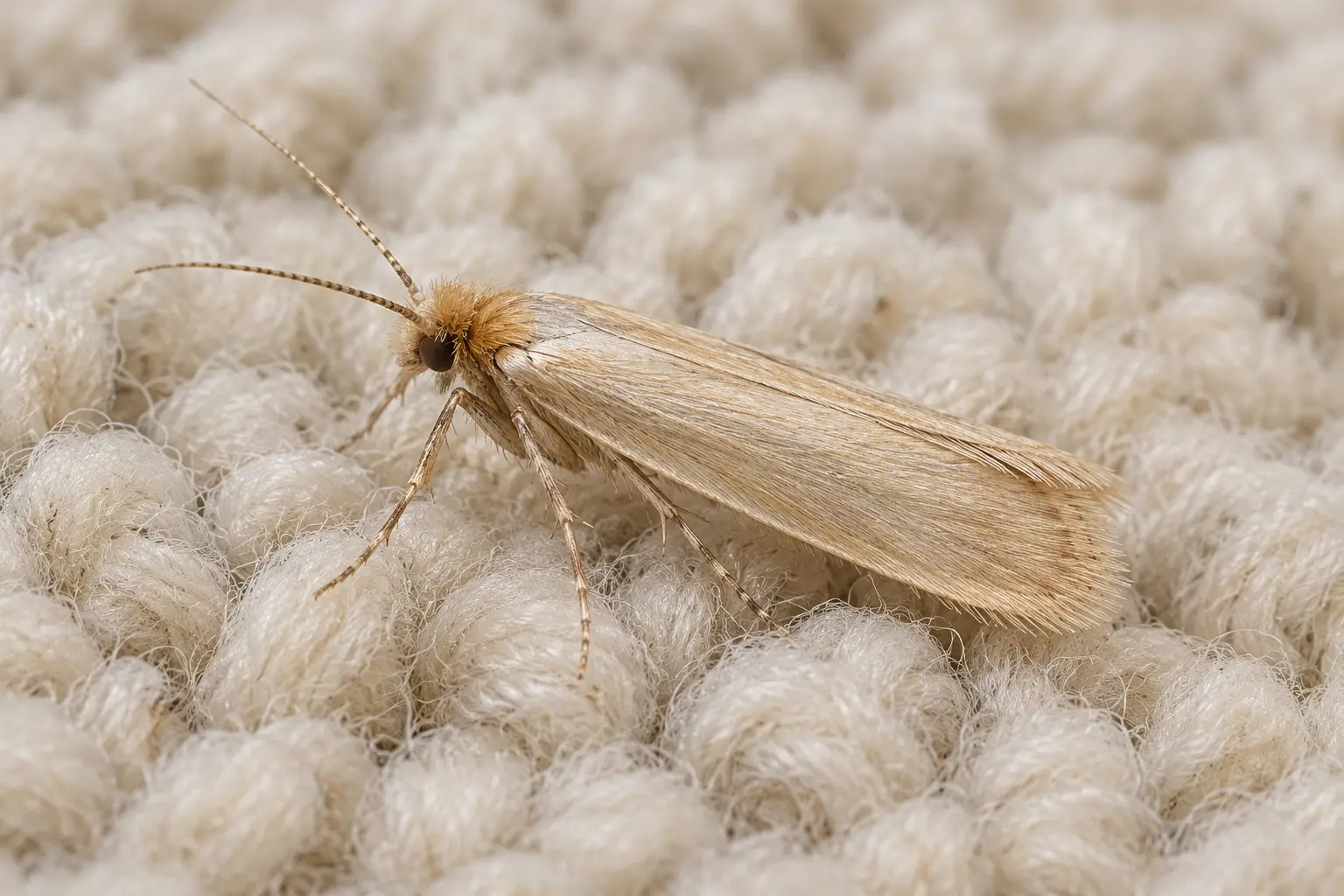 Illustration of an adult textile moth resting on wool carpet fibres