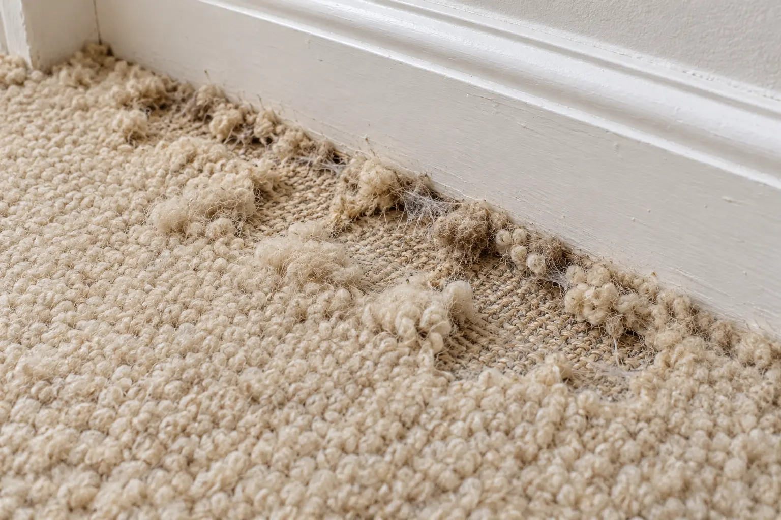 Illustration of textile moth damage along a wool carpet edge