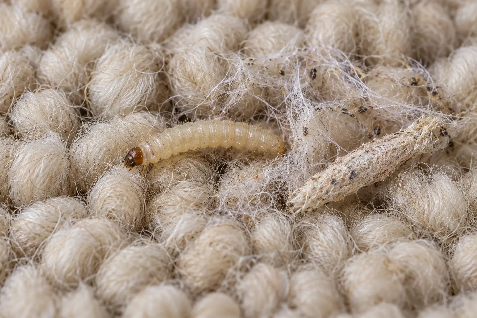 Illustration of a textile moth larva, silk case and webbing on wool carpet