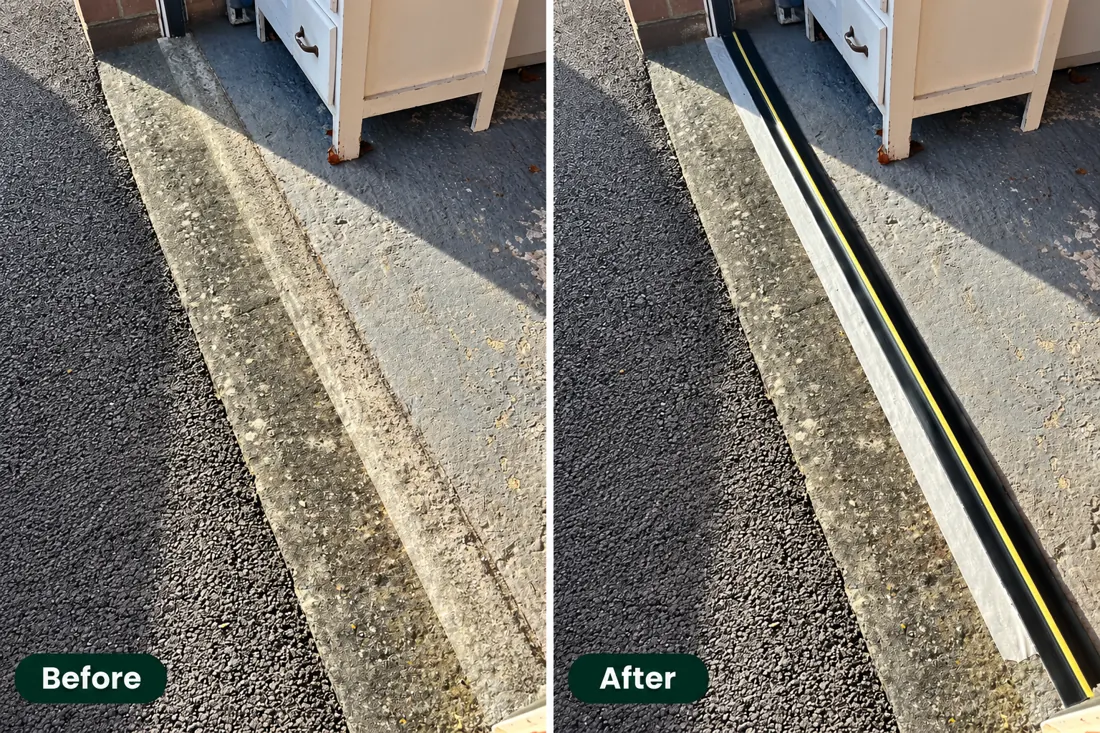 Illustrative before-and-after comparison of a doorway threshold without and with a fitted proofing seal