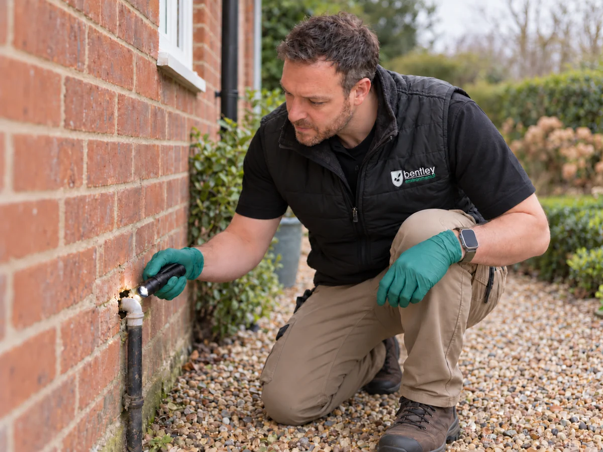 Bentley Environmental technician inspecting a gap around pipework for possible pest entry