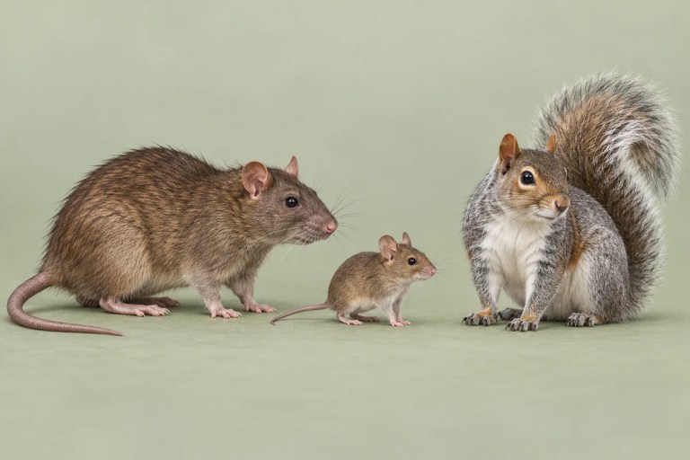 Illustration of a brown rat, a small house mouse and a grey squirrel